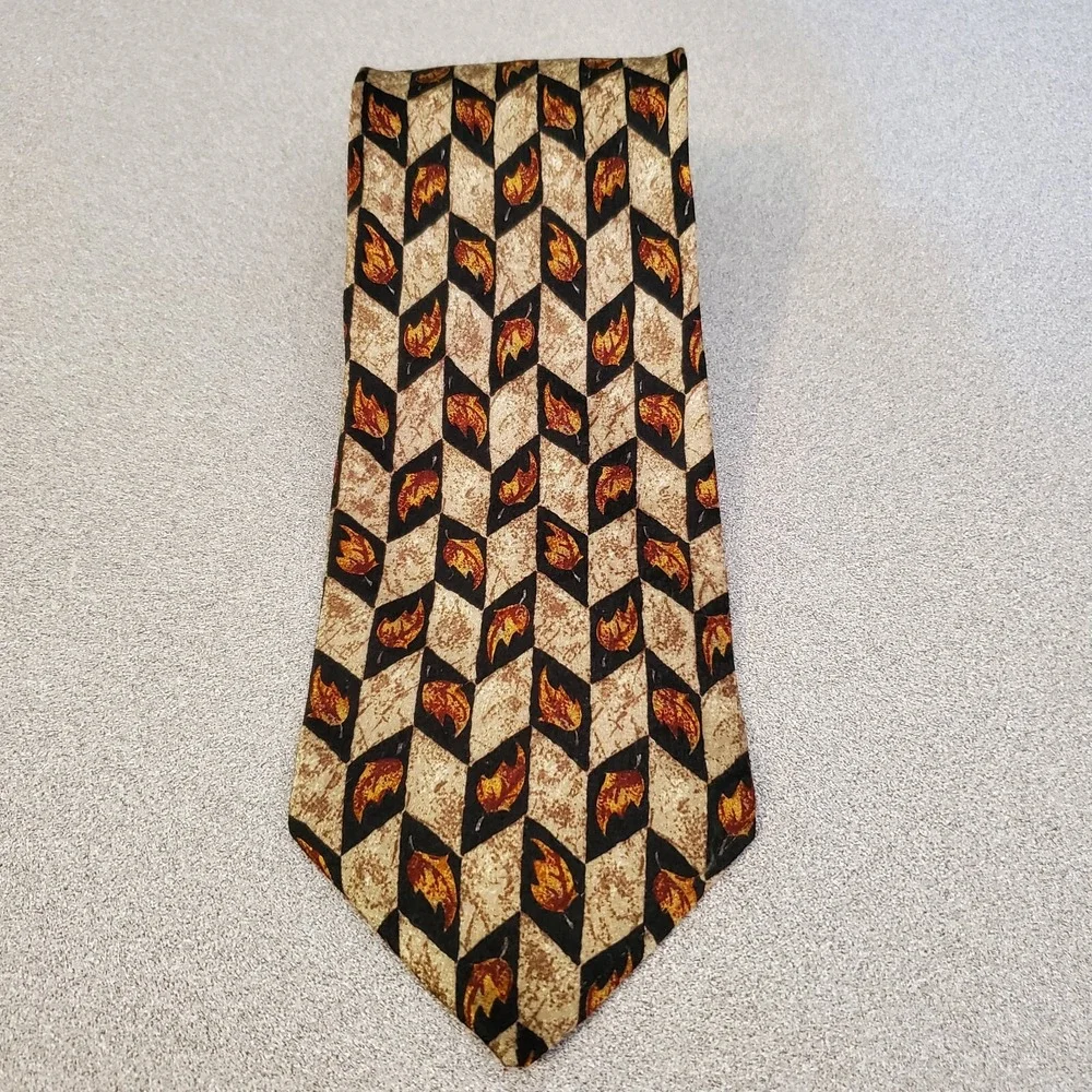 Canali Silk Necktie Mens Geometric Harlequin‎ Leaf Pattern Brown Tan Gold Italy